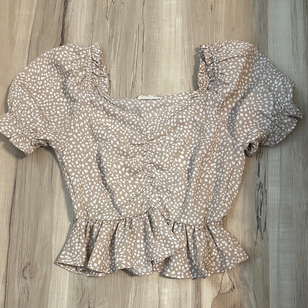 Altar'd State Beige Patterned Ruffle Blouse